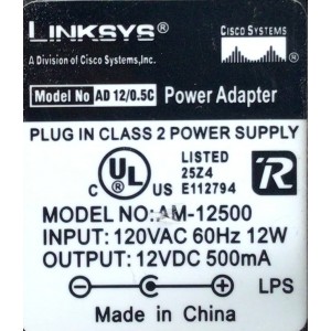 CARGADOR / ADAPTADOR DE FUENTE DE ALIMENTACION LINKSYS / VCA-VCD / NUMERO DE PARTE AM-12500 / 25Z4 / E112794 / ENTRADA VCA 120V 60HZ 12W / SALIDA VCD 12V 500MA / MODELO AM-12500